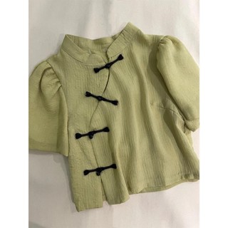 臺灣出貨⚡新中式上衣女 盤扣中國風 綠色短袖襯衫女 國風上衣女 夏季泡泡袖 雪紡襯衣 短款旗袍上衣 新中式女裝