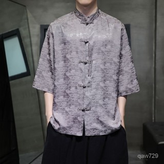 新中式唐裝男中國風夏季薄款冰絲短袖襯衫改良漢服大碼五分袖襯衣