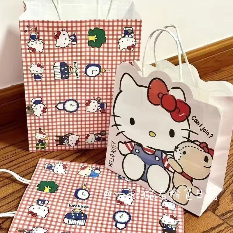 ✅熱銷爆品✅日系kt可愛卡通kitty貓格子禮品紙袋手提袋收納袋生日禮物包裝袋