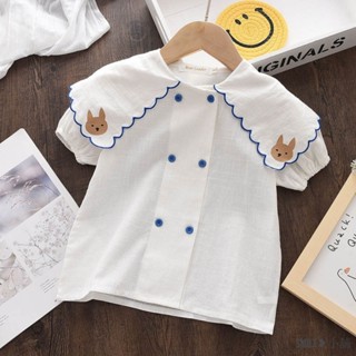 韓國童裝夏季 女童可愛襯衣 女童短袖襯衫 娃娃領襯衫短袖 夏季女寶寶洋氣卡通娃娃領襯衫上衣