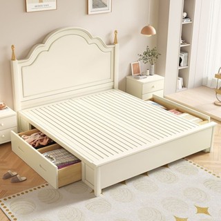 奶油風實木床 1.8米現代簡約床 臥室雙人床 白色家用小戶型雙人床 卧室公主床 單人婚床 床 床架 雙人床 儲物實木床