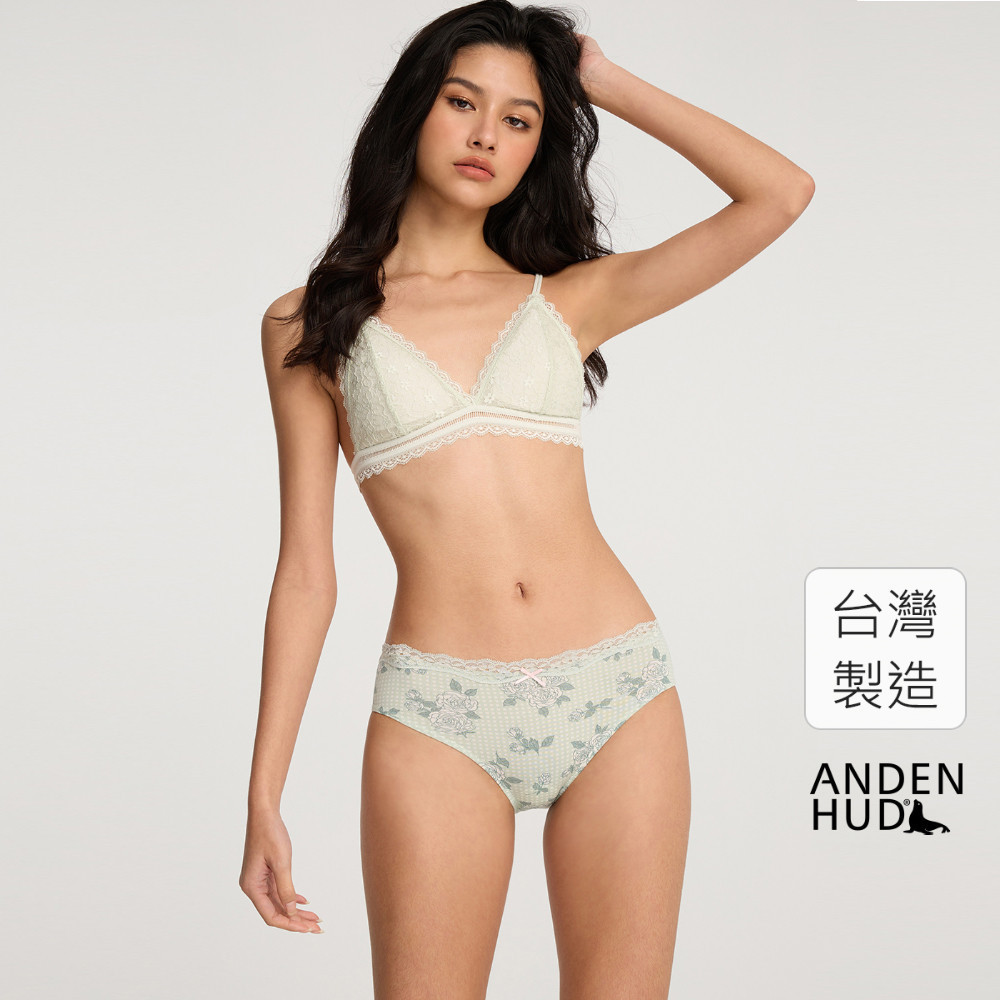 【Anden Hud】Spring Fever．波浪蕾絲2/3包臀中腰三角內褲(氣息綠-玫瑰格紋) 純棉台灣製