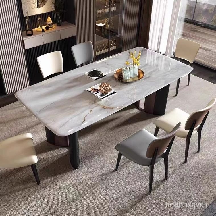 【創美】意式輕奢天然高檔大理石現代餐桌高級超晶石長方形傢用餐桌椅組閤 NUDY