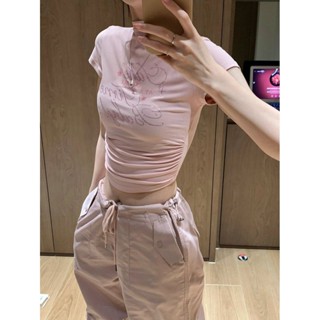 【Princess Home】T恤女 上衣女 短袖上衣 辣妹風半高領t恤女 燙鑽字母正肩短袖 修身顯瘦褶皺設計感上衣 韓