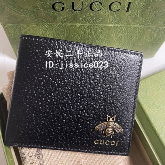 現貨二手 GUCCI 蜜蜂八卡短夾 對折零錢包 Animalier Bee 皮革皮夾 黑色 卡包 523664