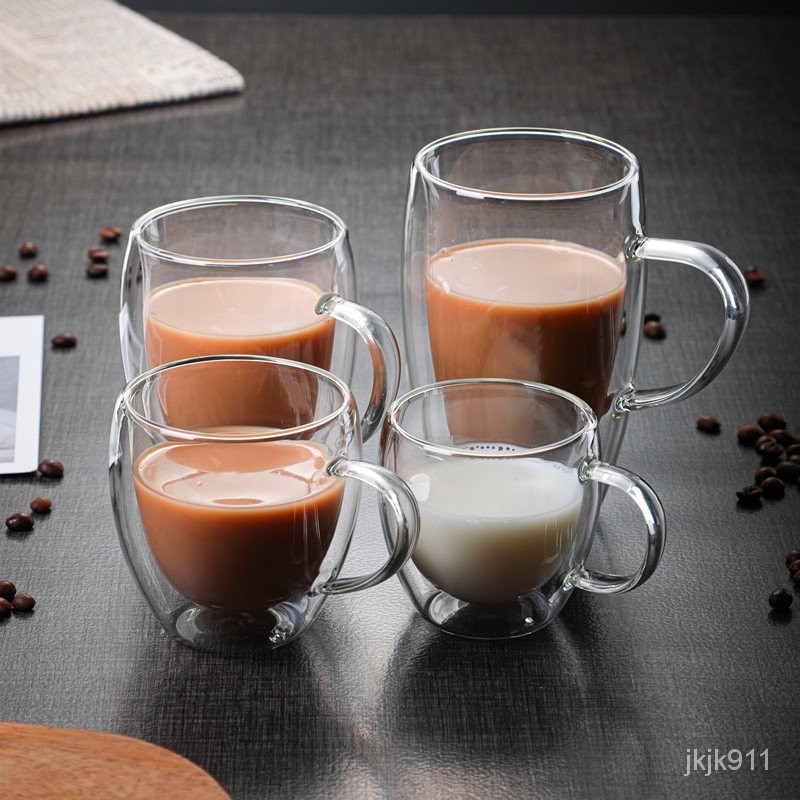 臺灣發貨帶把咖啡杯雙層耐熱玻璃杯創意隔熱水杯子冷飲牛奶杯果汁杯馬剋杯