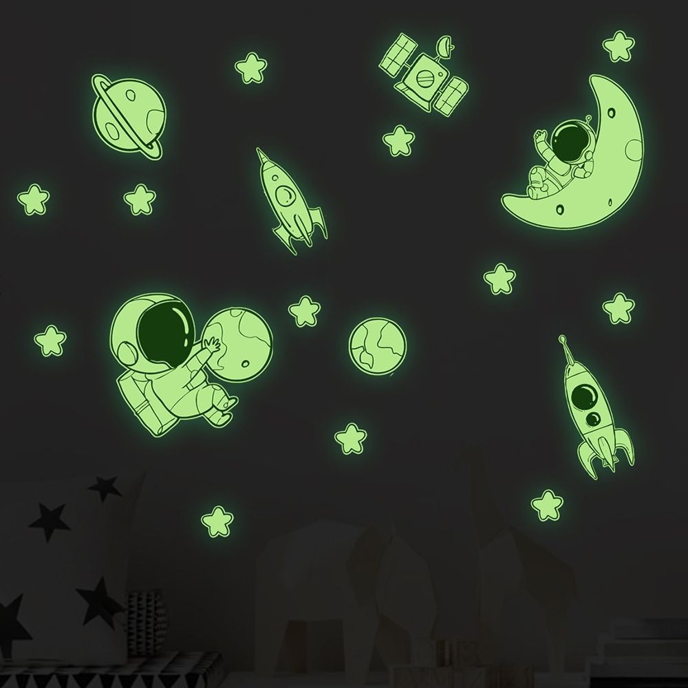 牆壁貼紙 夜光貼紙 發光貼紙 自黏壁貼 Luminous stickers月球星星太空宇航員卡通兒童房裝飾夜光貼紙
