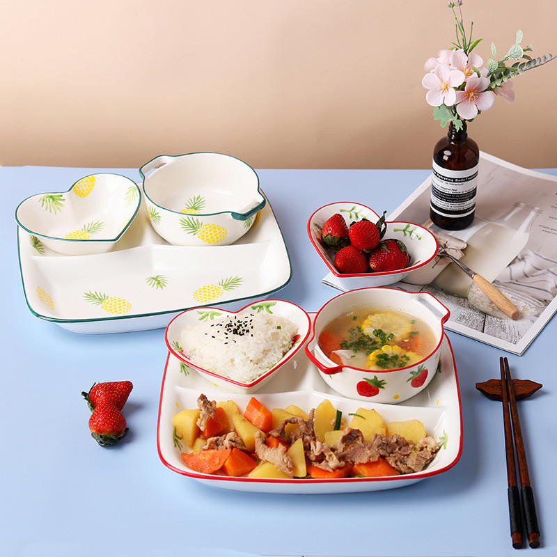 🔥臺灣熱銷灬🔥陶瓷盤分隔餐盤傢用早餐盤兒童餐盤可愛創意餐盤套裝減肥餐盤