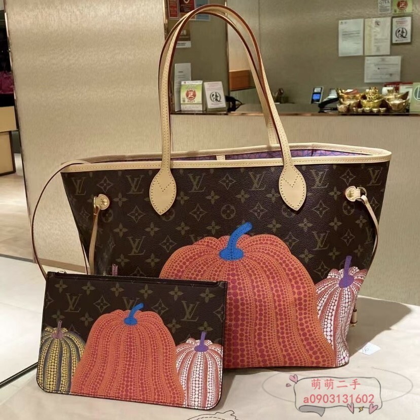 二手 LV 路易威登 x YK 草間彌生Neverfull MM 中號 南瓜老花滿印 托特包 購物袋 M46468