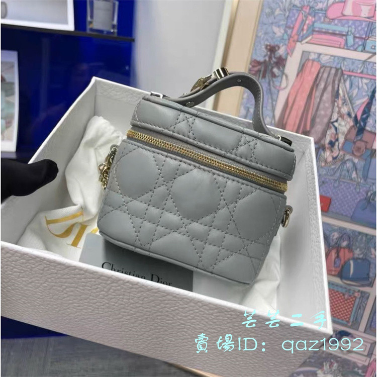 DIOR 迪奧 Lady mini Vanity系列 金色拉鏈 羊皮 迷霧藍 化妝包 斜背包 肩背包