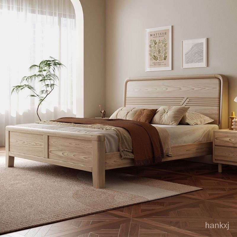 床架 雙人床架 單人床架 雙人床 高架床 掀床 實木床架 單人床 雙人床 床闆 北歐白蠟木實木床原木風現代雙人床簡約傢用