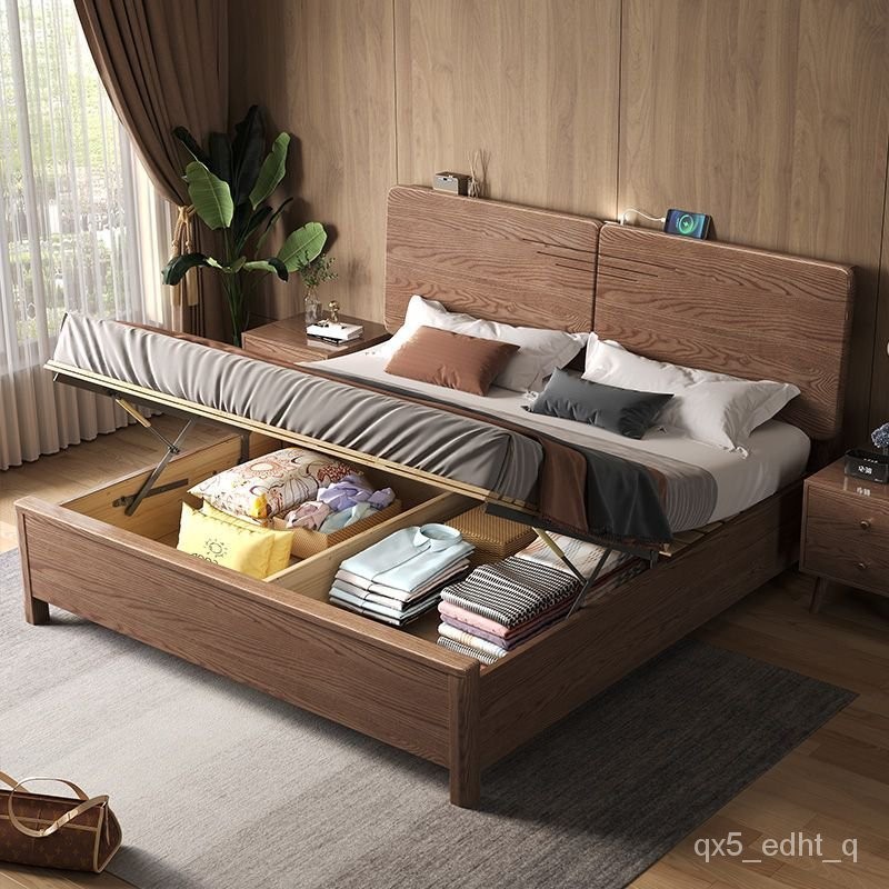 床架 雙人床架 單人床架 雙人床 高架床 掀床 實木床架 單人床 雙人床 床闆 全實木白蠟木床加厚耐用1.8米北歐傢用儲