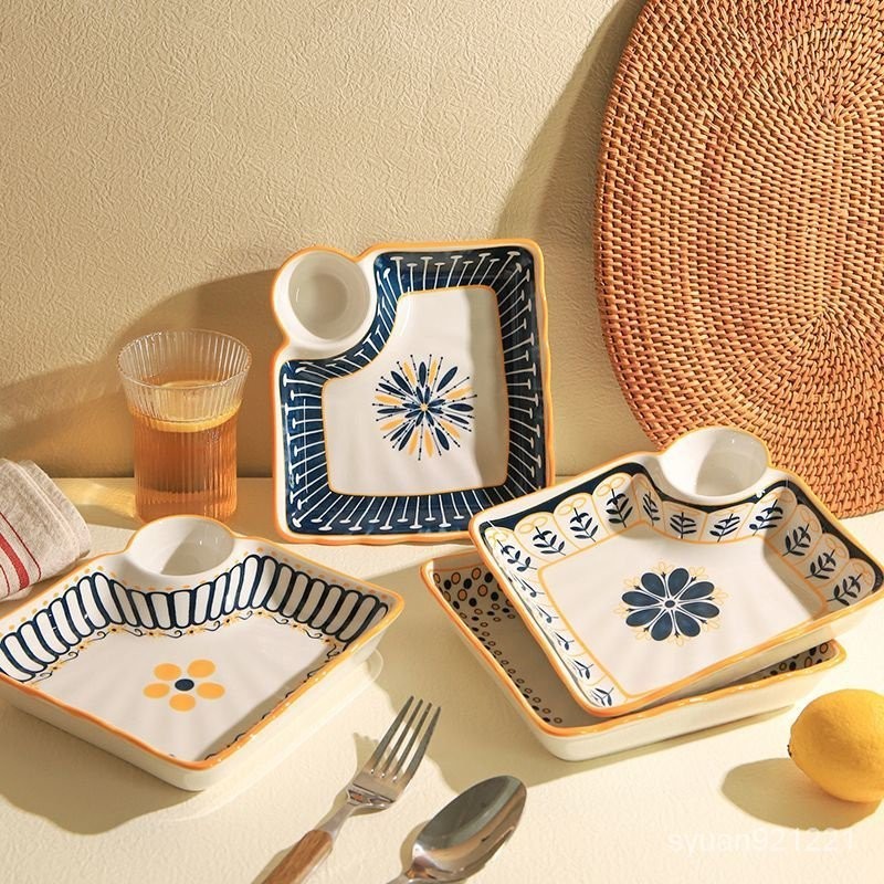 簡約日式陶瓷餃子盤帶醋碟方形盤子創意薯條點心盤傢用水餃專用盤 TJIT
