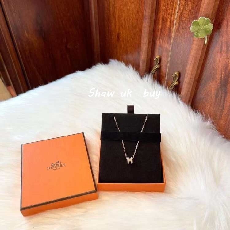 二手精品 Hermes 愛馬仕 經典 琺瑯 mini Pop H 字母 項鏈 奶茶色 玫瑰金 項鍊 女款 超美