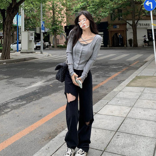 TK推薦✈辣妹鎖骨設計感小眾長袖心機顯瘦百搭上衣女薄款修身打底針織衫秋長袖上衣 女裝 寬鬆上衣 顯瘦上衣 長袖t恤