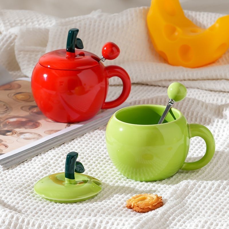 創意個性蘋果帶蓋勺陶瓷杯傢用辦公室陶瓷杯情侶水杯聖誕節伴手禮