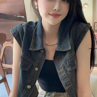 背心外套 美式復古高級感氣質百搭牛仔馬甲女POLO領短款無袖坎肩上衣開衫夏