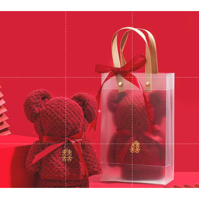 ✨木木優選✨珊瑚絨菠蘿格創意紅色小熊毛巾喜鋪結婚伴手禮回禮開業禮品禮盒