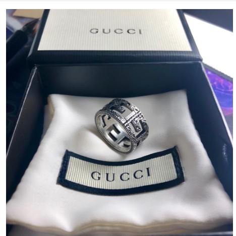 二手正品 Gucci戒指 雙G圖案 925純銀 鏤空 復古情侶戒指 免運