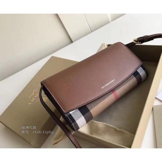 法國代購 BURBERRY 鍊飾細節House格紋拚皮皮夾咖啡色 撞色拼接 長夾，中夾兩用包