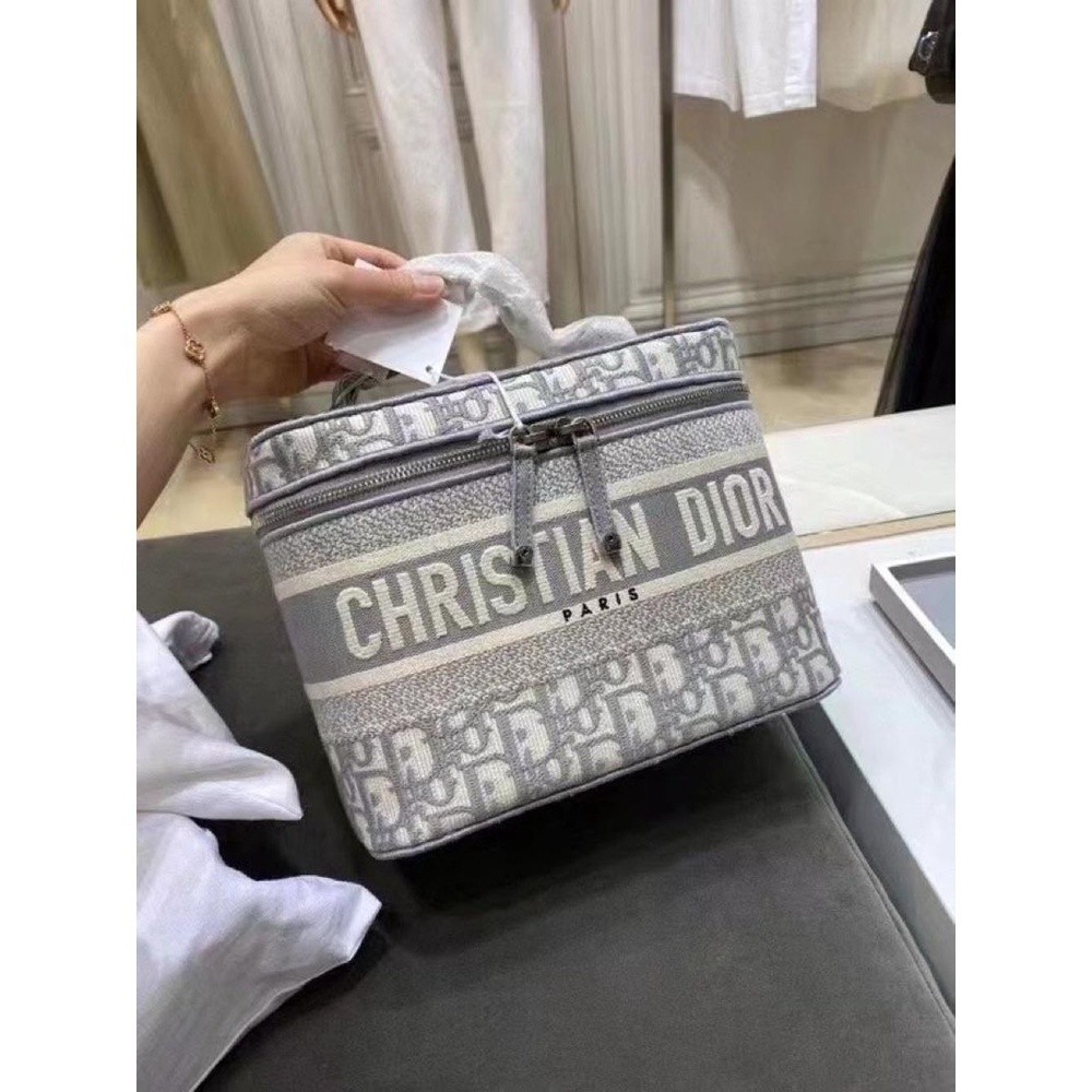 二手Dior/迪奧 老花灰色復古帆布刺繡手提化妝包洗漱收納包盒子包