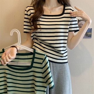 【ELLAS】條紋上衣 女裝 方領上衣 針織短袖女 新款 修身上衣 冰絲T恤 ins衣服 正肩上衣潮