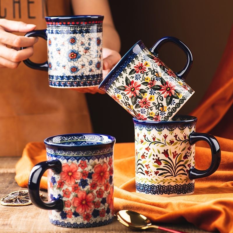 歐式 陶瓷馬克杯 ins咖啡杯子 復古馬克杯 波蘭陶瓷早餐杯 家用 大容量 喝水杯 茶杯 水杯