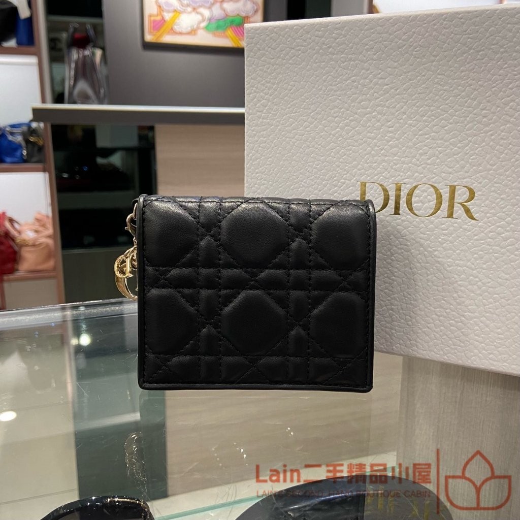 二手精品 DIOR 迪奧 迷你 LADY DIOR 錢包 黑色羊皮 兩折短夾 錢夾 零錢包 S0178ONMJ_M900