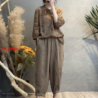大麥時尚棉麻套裝女2022新款復古印花上衣寬鬆薄款哈倫褲顯瘦兩件套