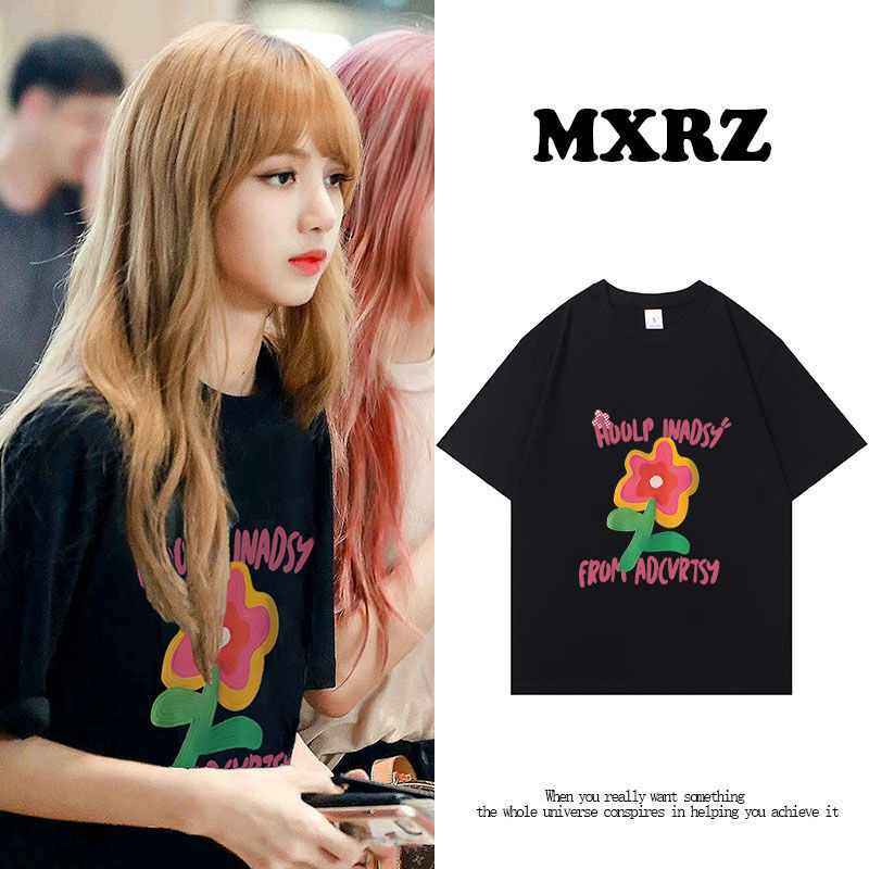 blackpink成員lisa明星同款花朵印花短袖T恤女夏季寬松純棉上衣