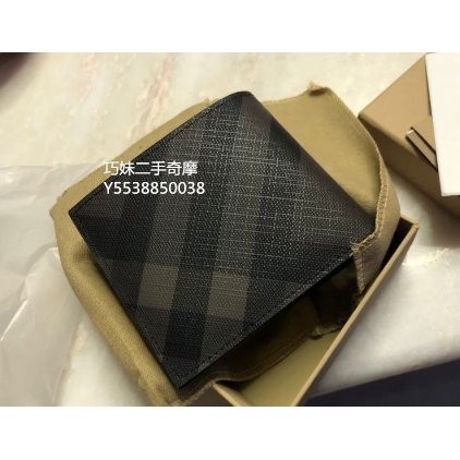 二手精品 BURBERRY 新款 炭灰格紋 格紋雙折零錢短夾 對著錢包 卡包 男士皮夾 80567071