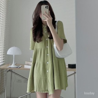 【Free Girl】大尺碼小眾襯衫裙寬鬆顯瘦中長款a字連衣裙 大尺碼連衣裙 寬鬆連衣裙 大尺碼洋裝 連身裙 UK7A
