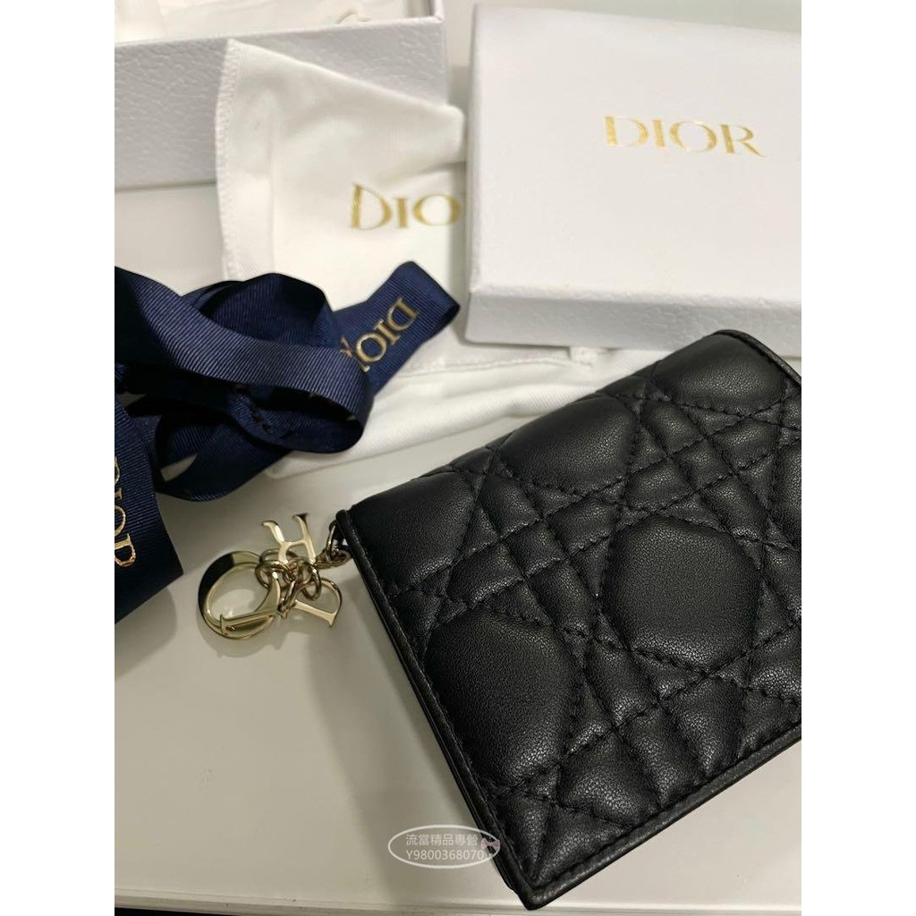 二手精品 Lady Dior 小牛皮藤格紋 黑色 迷你錢包 短款 短夾 錢夾 皮夾 拉鏈零錢包
