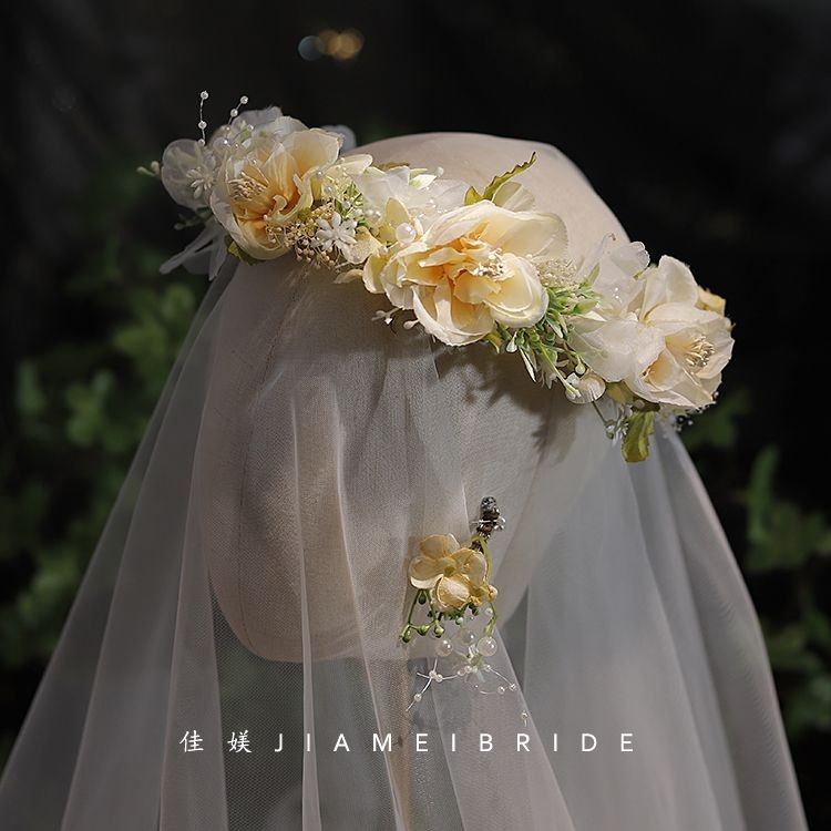 Ins森林係香檳色花朵新娘花環頭飾度假配飾婚紗攝影寫真綠植婚禮 UNE3