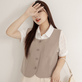 【PolyLulu】 MISS.韓系設計口袋U領排釦西裝背心 中大尺碼上衣 棕色