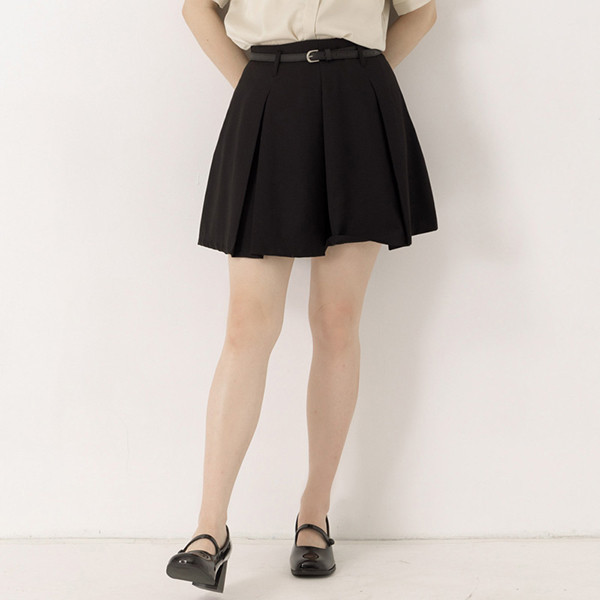 【PolyLulu】 MISS.韓系小姐姐質感百褶短裙(附皮帶)(附褲) 中大尺碼裙 黑色