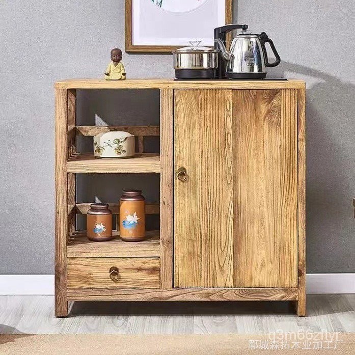 【怡然之傢】傢用老榆木茶水櫃辦公室可抽拉式木質儲物櫃簡約多功能實木飲水櫃 B350