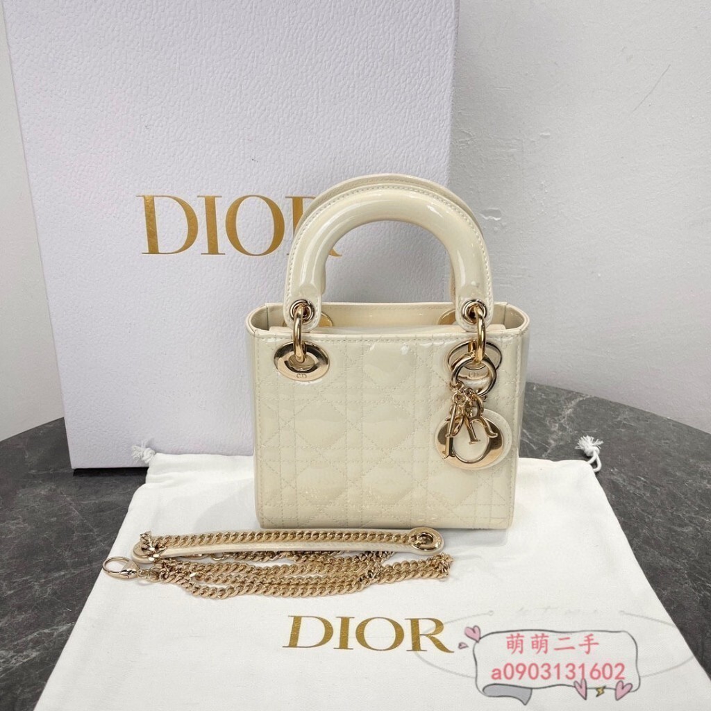 二手精品 Dior 迪奧 Lady Dior係列 經典藤格紋 漆皮 三格戴妃包 手提包 迷你 奶白色 淡金扣單肩斜挎包