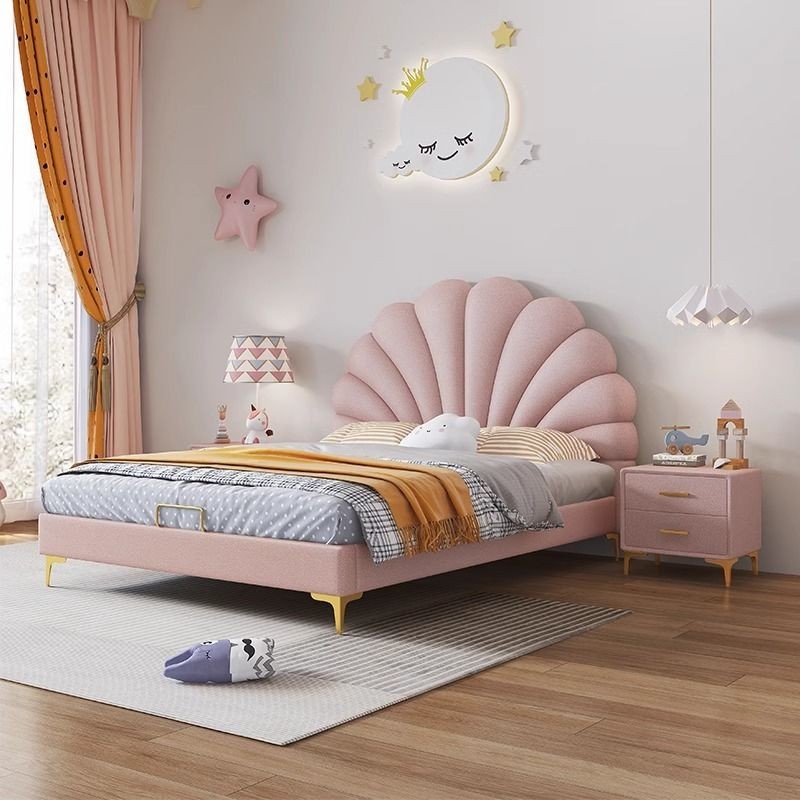 🌟熱銷新款🌟 創意兒童床 床組床架 兒童床現代簡約貝殼床1.2米仙女公主床輕奢奶油風單人皮布藝小床單人床架 雙人床