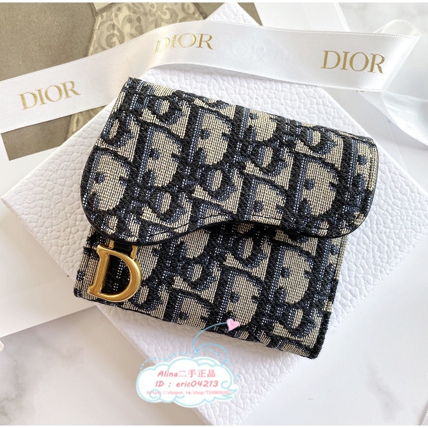 精品二手 DIOR 迪奧 Saddle lotus 新款 刺繡老花 三折短夾 錢包 卡包 零錢包