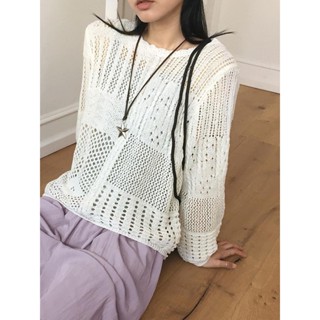 Codibook｜韓國 wonderwonder 復古圓領蕾絲網眼長版針織上衣［預購］針織衫 毛衣 女裝