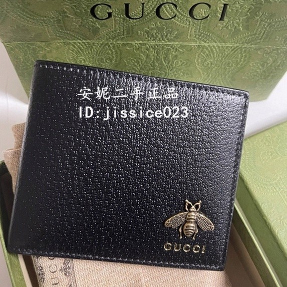 二手現貨 Gucci 蜜蜂八卡短夾 對折零錢包 Animalier Bee 皮革皮夾 黑色 卡包 523664