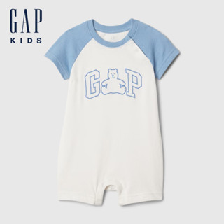 Gap 嬰兒裝 Logo純棉小熊刺繡圓領短袖包屁衣/連身衣-藍白拼接(427966)