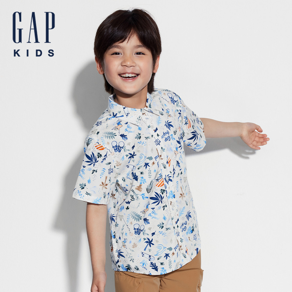 Gap 男童裝 Logo印花翻領短袖襯衫-多彩印花(466077)