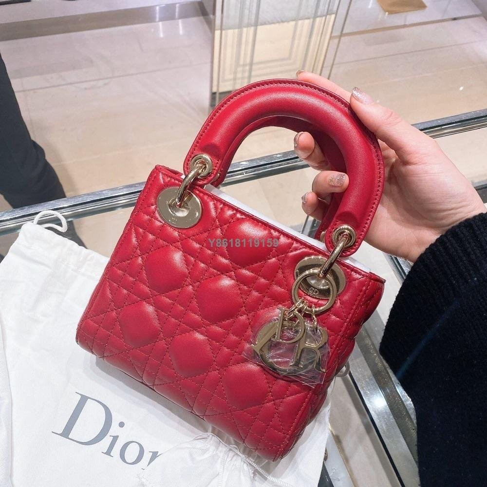 【二手】Dior迪奧女包Lady Dior羊皮戴妃包三格鏈條手提包斜挎包婚包紅色
