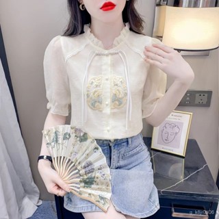 小紅書好物👍國風刺繡短袖襯衫女2024夏季新款氣質襯衣時尚洋氣修身新中式上衣 LMAH