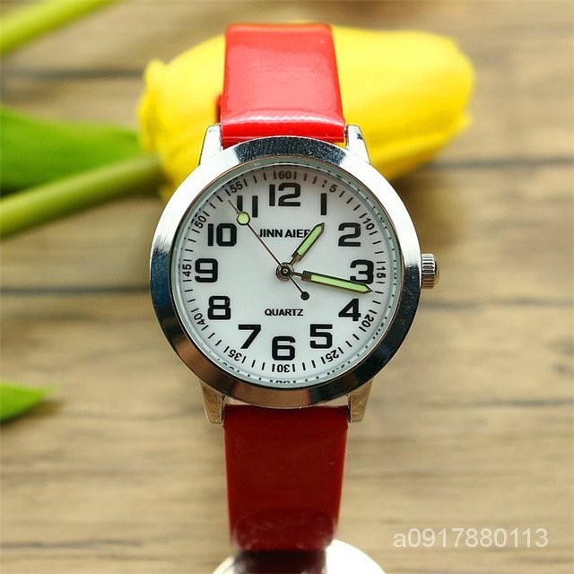 兒童手錶錶帶 通用款 🔥 NAZEYT 簡約兒童認知皮帶手錶 學生生日禮品白麵石英錶