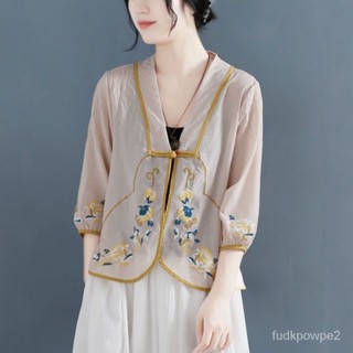 🌟臺灣發貨 刺繡 漢服上衣 民族風女裝 中國風洋裝 春夏 棉麻上衣 寬鬆防曬衣 盤扣古風外搭開衫 中國風上衣 古著漢服