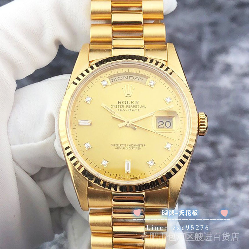 勞力士 現貨Rolex 星期日曆型18238鑽石刻度黃金金殼金帶自動機械腕錶腕錶