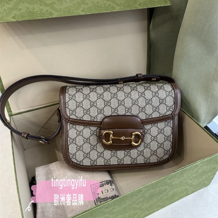 歐洲奢品古馳 GUCCI 1955 馬銜扣 手提包 復古金扣 老花log馬鞍包 602204 小號單肩包 斜挎包肩背